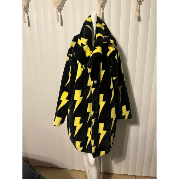 Women's Daisy Street Coat XL Black Yellow Lightning Bolt Faux Fur - Picture 1 of 3